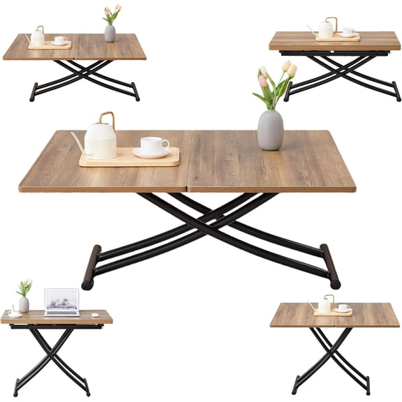 YWEN Multifunctional Folding Table, Lift Top Coffee Table Convertible to Dining Table, Height Adjustable Wooden Dinner Table with Metal Legs, Modern for Small Spaces Dining/Living Room/Kitchen