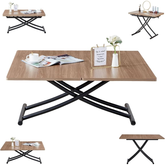 YWEN Multifunctional Folding Table, Lift Top Coffee Table Convertible to Dining Table, Height Adjustable Wooden Dinner Table with Metal Legs, Modern for Small Spaces Dining/Living Room/Kitchen