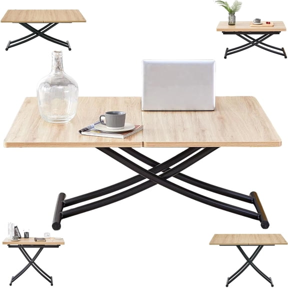 YWEN Multifunctional Folding Table, Lift Top Coffee Table Convertible to Dining Table, Height Adjustable Wooden Dinner Table with Metal Legs, Modern for Small Spaces Dining/Living Room/Kitchen