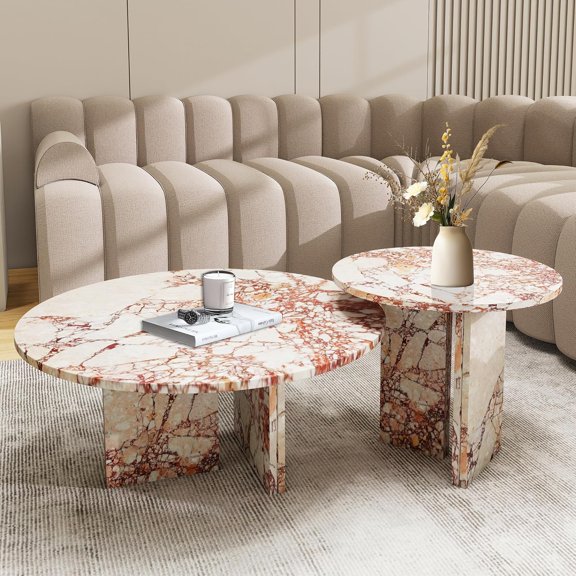 YWEN Natural Marble Nesting Coffee Table Set of 2,Round Coffee Table with Real Marble Texture for Living Room