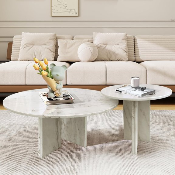 YWEN Natural Marble Nesting Coffee Table Set of 2,Round Coffee Table with Real Marble Texture for Living Room