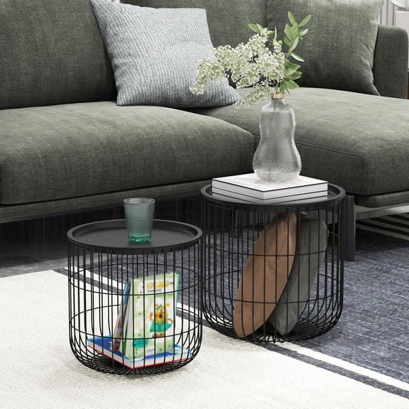 YWEN Nesting Coffee Tables, Round Coffee Table Set of 2 with Steel Wired Basket Body and Removable Top, Stacking End Tables Blanket Storage for Living Room, Black