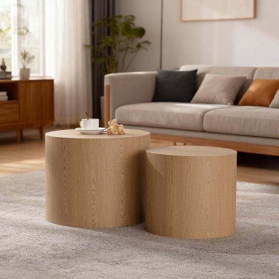 YWEN Nesting Round Coffee Table Set of 2, Small Circle Accent End Table for Small Spaces, Wooden Center Table, Morden Drum Side Table for Living Room, Fully Assembled