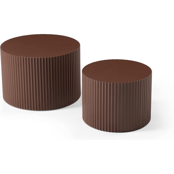 YWEN Nesting Round Coffee Table Set of 2, Modern Wood Drum Side Accent End Table Embossed Design Circular Coffee Table Set for Living Room Bedroom