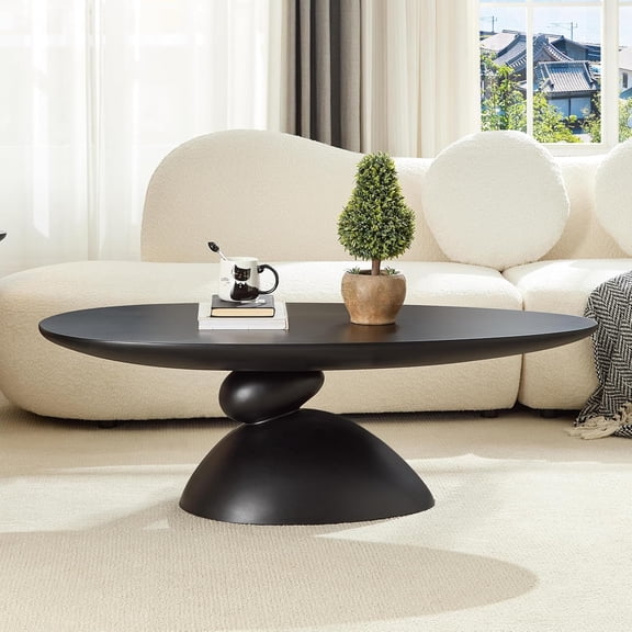 YWEN Oval Coffee Table, Minimalist Fiberglass Tea Table with Sculptural Base, Scandinavian Modern Low Coffee Table for Living Room, Cozy Apartment & Studio