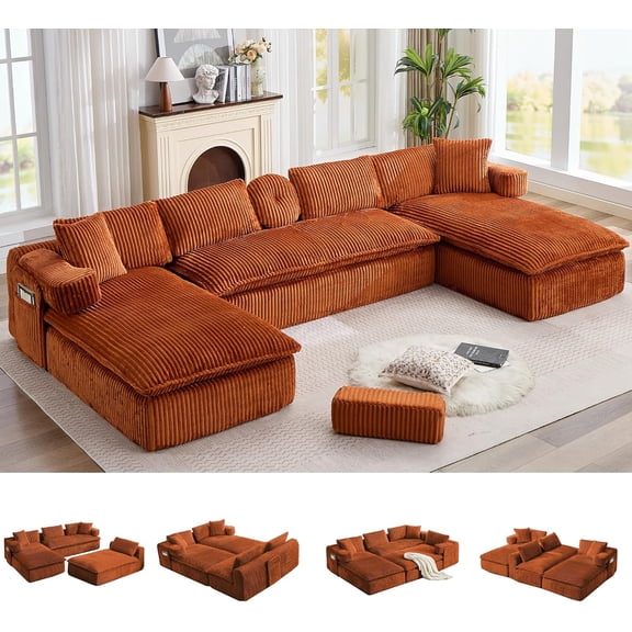 YWEN Oversized Cloud Boneless Couch with Chaise, 149" Modern U Shape Modular Deep Seat Sectional Sofa, Comfy Corduroy Upholstered Couches for Living Room, No Assembly Required
