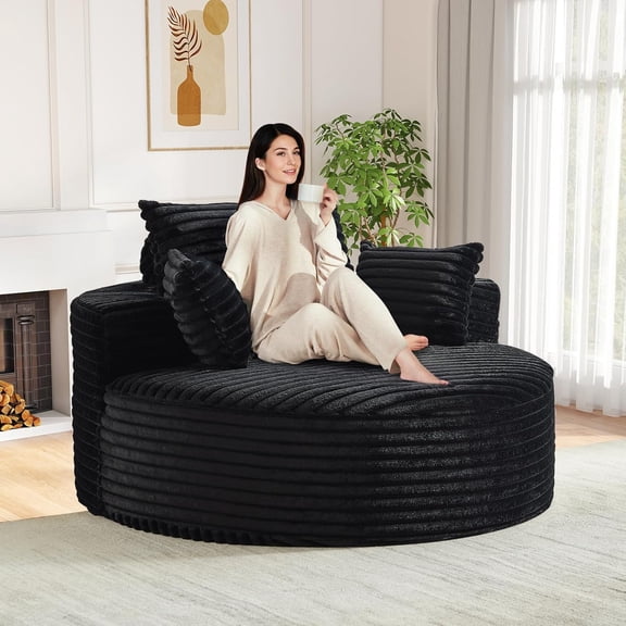 YWEN Oversized Round Chaise Longue Chair Indoor, Modern 55-inch Upholstered Corduroy Deep Seat Circle Single Cloud Lounge Floor Sofa Chair for Living Room, Bedroom Apartment