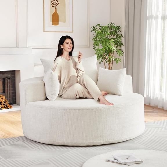 YWEN Oversized Round Chaise Longue Chair Indoor, Modern 55-inch Upholstered Waffle Chenille Deep Seat Circle Single Cloud Lounge Floor Sofa Chair for Living Room, Bedroom Apartment, Beige