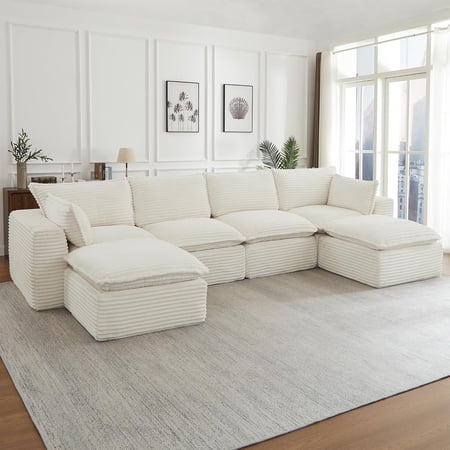 YWEN Oversized U Shape Boneless Couch, 140" Modular Sectional Sofa with 2 Ottoman, Modern Corduroy Upholstered Cloud Sofa with Deep Seat, Comfy Convertible 6 Seater Sleeper Couches for Living Room