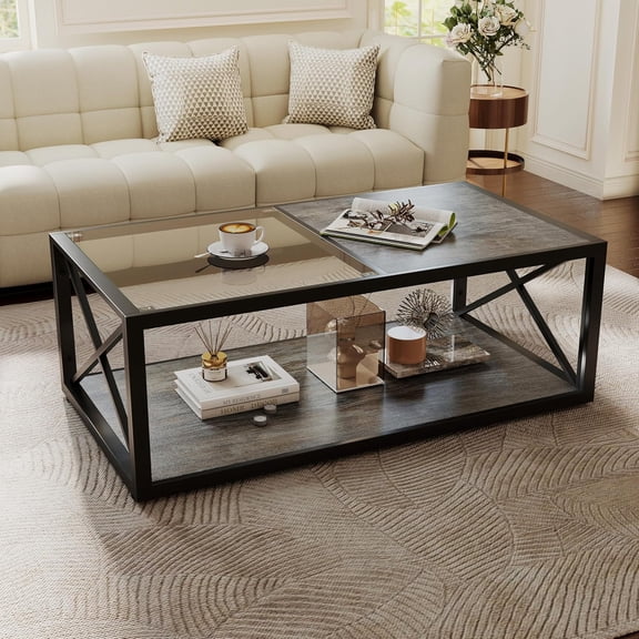 YWEN Rectangle Coffee Table for Bedroom&Living Room, 2-Tier Center Table with Tempered Glass&Wood MDF Top, Tea Table with Thickened Tabletop and Metal Frame, 40 inch, Easy Assemble