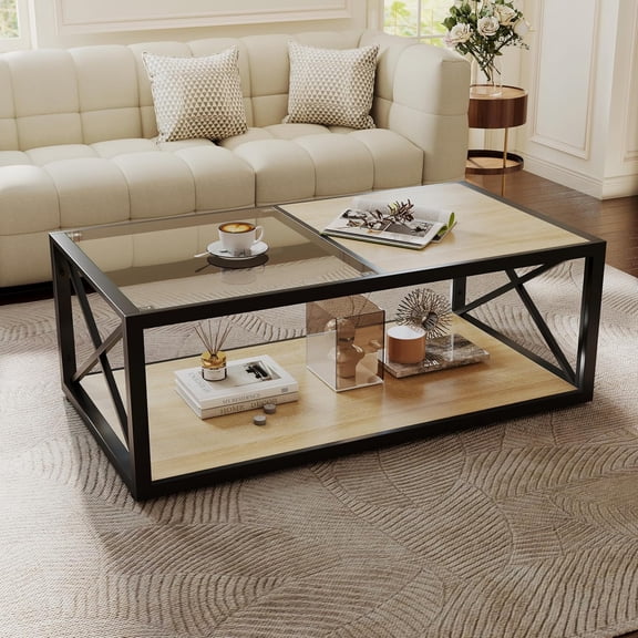 YWEN Rectangle Coffee Table for Bedroom&Living Room, 2-Tier Center Table with Tempered Glass&Wood MDF Top, Tea Table with Thickened Tabletop and Metal Frame, 40 inch, Easy Assemble