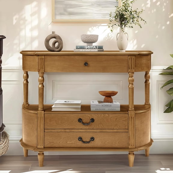 YWEN Retro Curved Console Table, 43" Solid Wood Half Moon Console Table Entryway Table Sofa Table with Open Shelf Curved Corners 3 Drawers Pine Roman Legs for Living Room,Hallway,Entryway,Brown