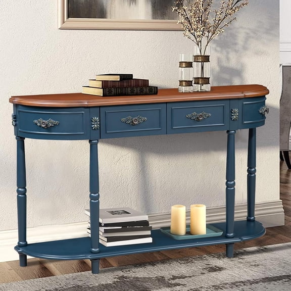 YWEN Retro Curved Console Table, 52" Half Moon Console Table Sofa Table Entryway Table with 2 Drawers 1 Open Shelf Solid Pine Legs for Living Room,Entryway,Hallway