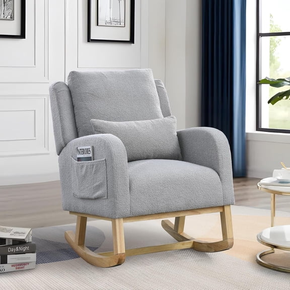 YWEN Rocking Glider Chair, Wingback Accent Rocker Chair Upholstered Tall Back Arm Chair w/Side Pockets, Modern Leisure Single Sofa for Living Room, Hotel, Bedroom, Baby Room, Grey
