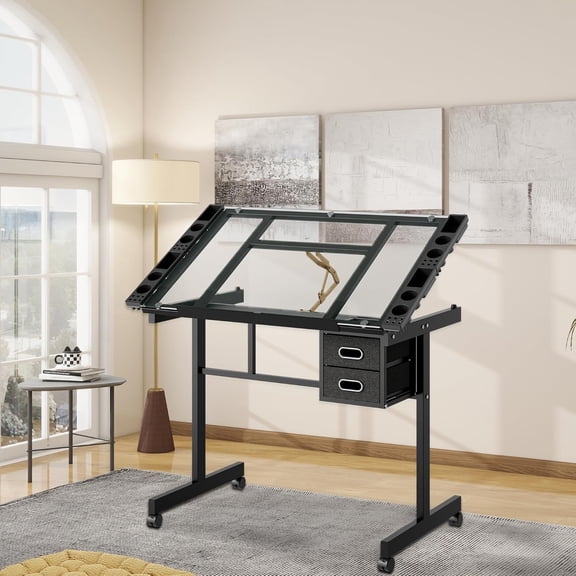 YWEN Rolling Drafting Table on Wheels, Painting Table Art Craft Desk Crafting Table with Tilting Transparent Tempered Glass Top, 2 Fabric Storage Drawers and 4 Wheels
