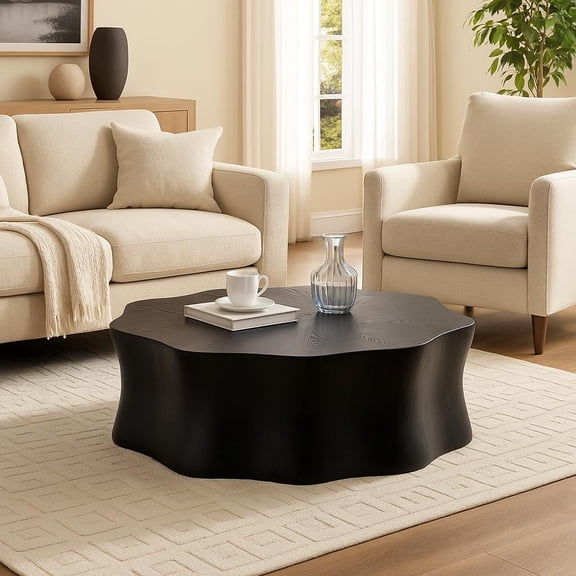 YWEN Round Black Marble Coffee Table, Modern Drum Design, Circle FiberglassCoffee Table, End Table for Living Room, Apartment, No Assembly Required (35''Black Flower)