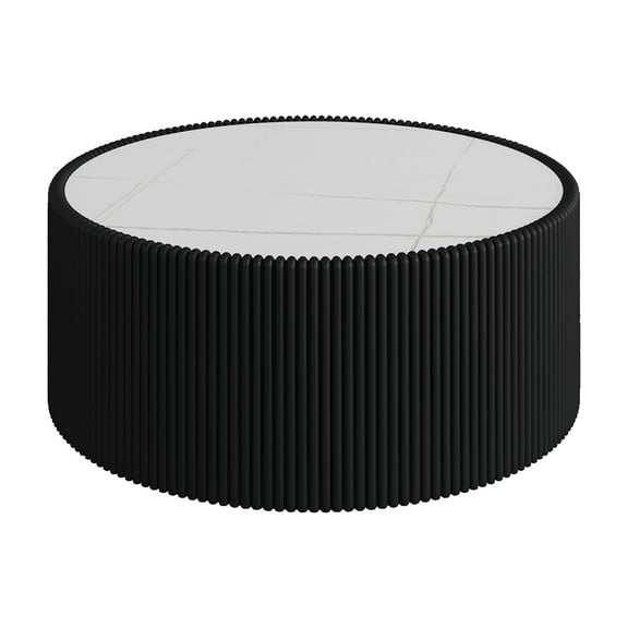 YWEN Round Coffee Table, 29.52" Drum Coffee Table with Sintered Stone Tabletop and Fluted PU Leather Covered and Stable Base, Circle Cocktail Tea Table for Living Room