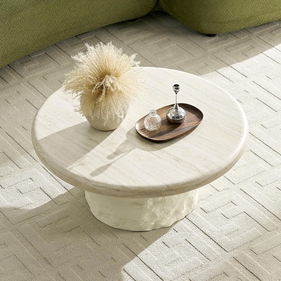 YWEN Round Coffee Table, 35.04" Fiberglass Imitation Stone Table Cement Rock Center Table for Living Room Apartment Office, No Need Assembly