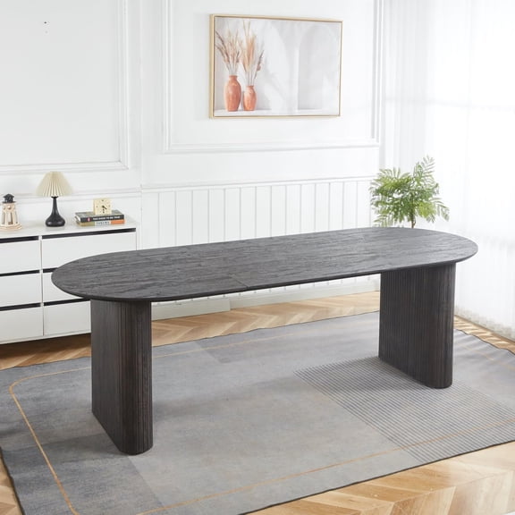 YWEN Round Faux Travertine Extendable Dining Table, 90.55" Extendable Dining Room Table for 10, Retro Wooden Kitchen Expanding Table Oval Top with Removable Leaf Trestle Stable Base Black