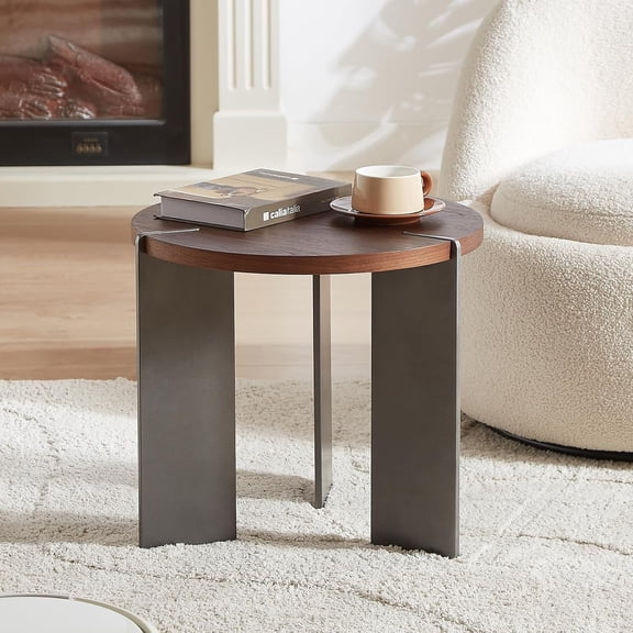 YWEN Round Side Table, Walnut End Table with Metal Legs, Small Bedside Table for Small Spaces, Wood Grain Top Accent Table with Non-Slip Feet Pads for Living Room, Bedroom