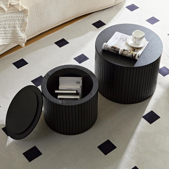 YWEN Round Storage Side Table Set of 2, Nesting Coffee Tables with Hidden Storage, Modern Wood Accent End Table for Living Room, Bedroom, Small Space, Minimalist Bedside Table, No Assembly
