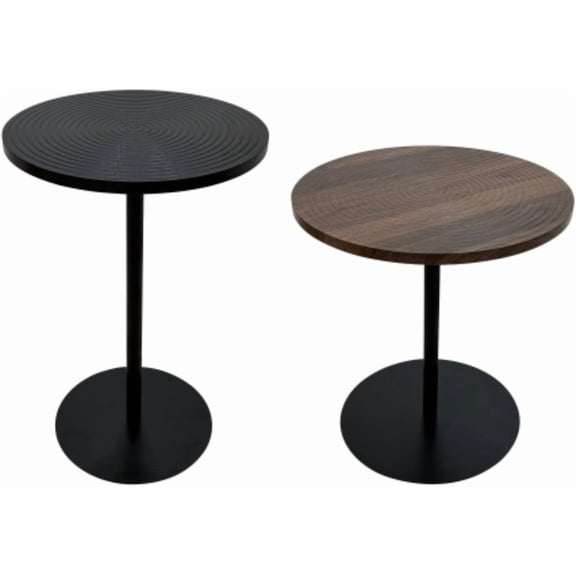 YWEN Set of 2 Small Round Side Table Wooden Concentric Circles Coffee Table for Two Metal Pedestal Nightstand for Corner Small Space (Walnut & Black)