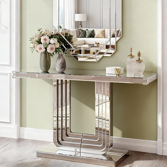 YWEN Silver Mirrored Console Table, 47" Rectangle Sofa Table with U Base & Hand-Spliced Line Design, Modern Luxury Mirrored Furniture with Glass Effects for Entryway Hallway Entrance Foyer