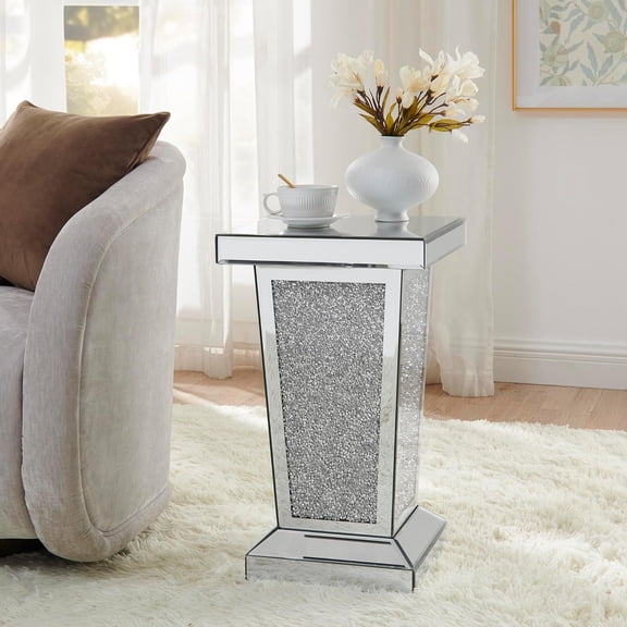 YWEN Silver Mirrored End Table with Crystal, Modern Side Accent Table, Square Small Coffee Table for Living Room, Bedroom,Office, Hallway, Entryway