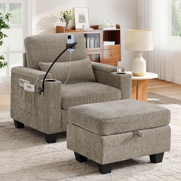 YWEN Small Chaise Lounge Chair Indoor with Ottoman&Adjustable Backrest,Chenille Tufted Recliner Comfy Sofa Chair with USB,Phone Holder&Storage Arms,Convertible Sleeper Couch Bed for Living Room