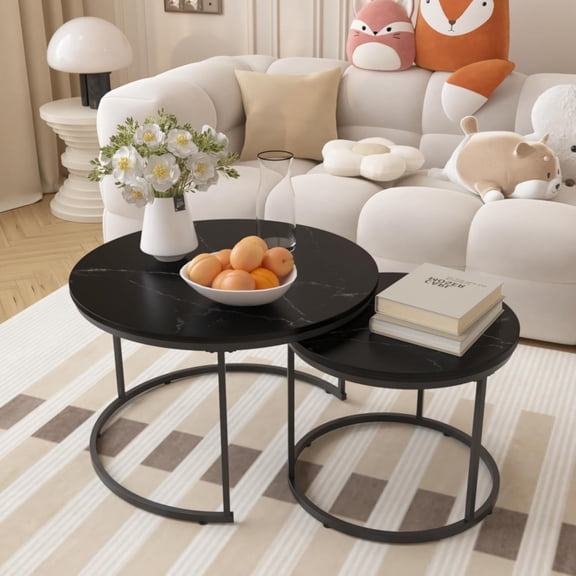 YWEN Small Round Nesting Coffee Table Set of 2 for Living Room, 27.56 inch Wood Grain Faux Marble Modern Stacking Circle Coffee Table Side Table End Table with Metal Frame for Bedroom