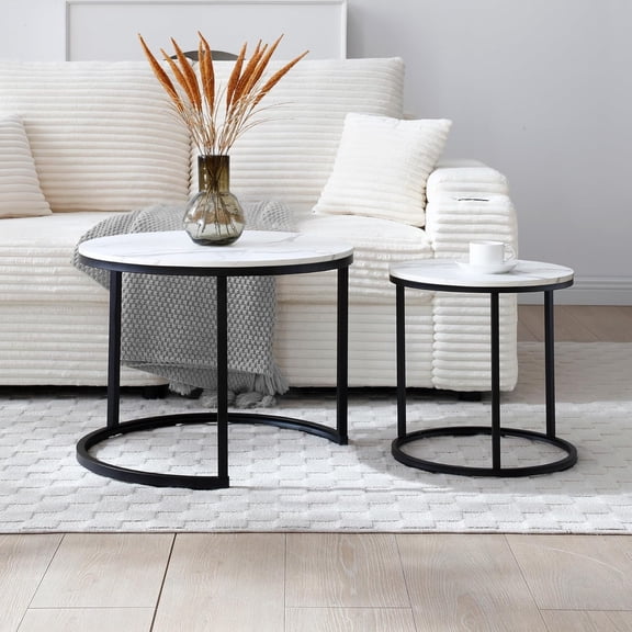YWEN Small Round Nesting Coffee Table Set of 2 for Living Room, Wood Grain Faux Marble Modern Stacking Circle Coffee Table Side Table End Table with Metal Frame for Bedroom