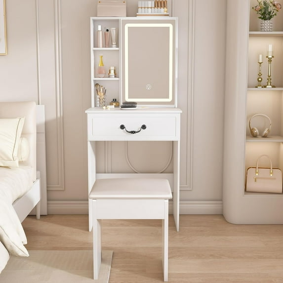 YWEN Small Vanity Desk with Mirror and Lights, Makeup Vanity Table with Drawer & 6 Shelve & Stool,Dressing Table Set for Bedroom, Brightness Adjustable, White