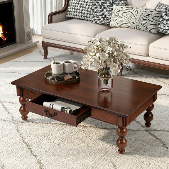 YWEN Solid Rubber Wood Coffee Table and End Table Sets with Storage Drawer, Traditional Vintage Oval Cocktail Center Table and Round Side Couch Table for Living Room