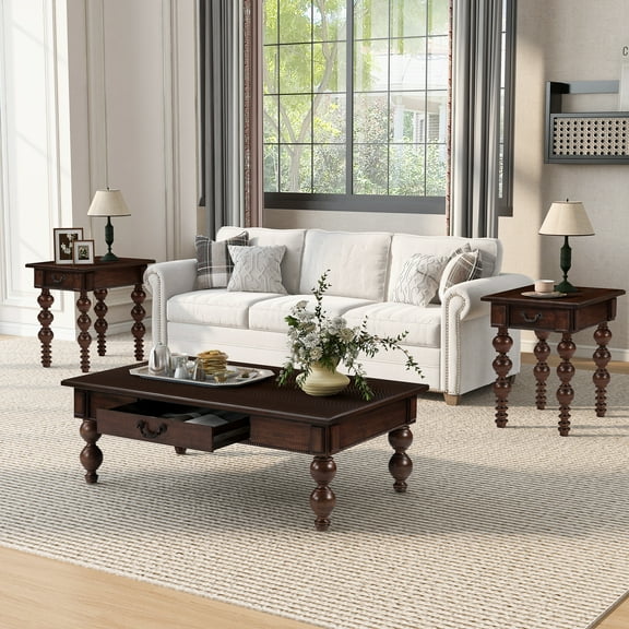 YWEN Solid Rubber Wood Coffee Table and End Table Sets with Storage Drawer, Traditional Vintage Oval Cocktail Center Table and Round Side Couch Table for Living Room