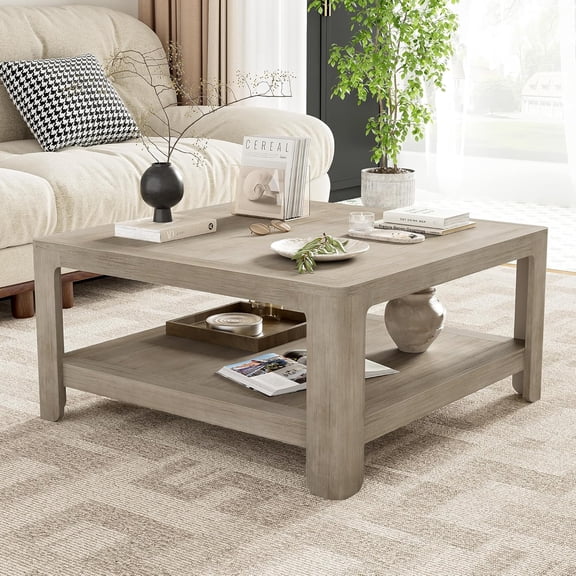YWEN Square Coffee Table with Storage, 2-Tier MDF Center Table 34.45", Bear 110lbs, Light Ash