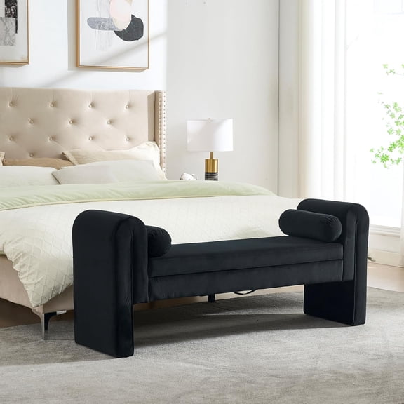 YWEN Storage Bench for Bedroom End of Bed, Velvet Upholstered Rolled Armed Button Tufted Sofa Stool Bench, Storage Ottoman Couch Long Bench with Solid Wood Legs