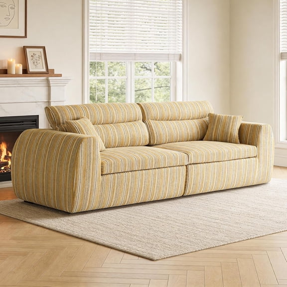 YWEN Striped Bouclé Compressed Sponge Sofa 3 Seater Modern Upholstered Couch Convertible Floor Seating Lounge with Throw Pillows Minimalist Deep Seat Loveseat for Living Room Apartment Home