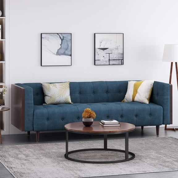 YWEN Tufted 3 Seater Sofa In Navy Blue Fabric With Foam Filling For Living Room