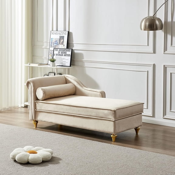 YWEN Upholstered Chaise Lounge Chair Indoor with Storage, Modern Velvet Recliner Lounge Chair with Round Pillows, Gold Metal Legs & Backrest, Reading Chaise Chair for Living Room Bedroom