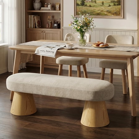YWEN Upholstered Dining Bench, Modern Ottoman Bench, Wooden Entryway Bench, Comfort Long Spfa Footstool for Living Room Dining Room, No Assembly Needed, Oatmeal