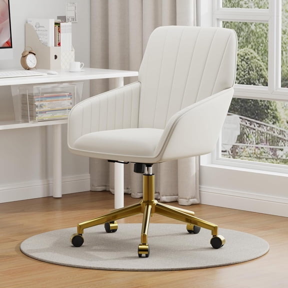 YWEN Velvet Home Office Chair with Gold Base Upholstered Tufted Modern Height Adjustable 360 Degree Swivel Desk Chair with Wheels, Vanity Chairs for Living Room, Bedroom,Study Room (Cream)
