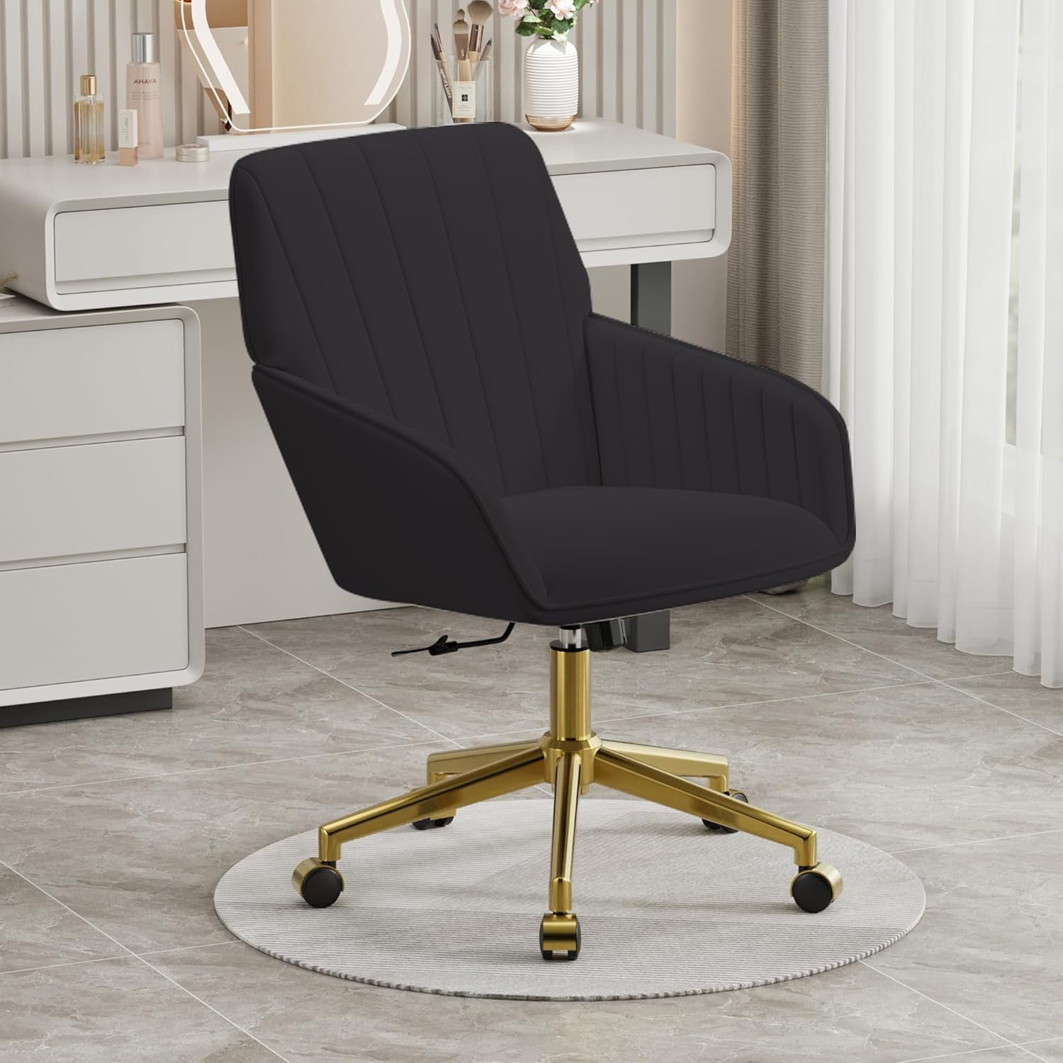 YWEN Velvet Home Office Chairs with Gold Base, Height Adjustable 360 Degree Swivel Desk Chair with Wheels, Upholstered Tufted Modern Vanity Chairs for Living Room, Bedroom,Study Room (Black)