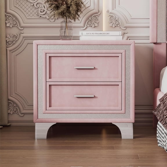 YWEN Velvet Nightstand with 2 Drawers, Modern Upholstered Nightstand with Storage, Bedside Table End Table with Silver Glitter Strip & Metal Legs for Bedroom, Living Room, Easy Assembly, Pink