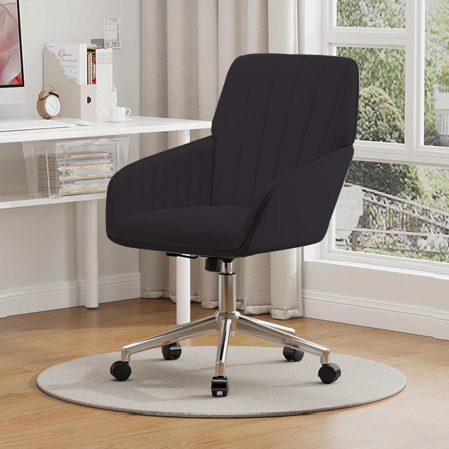 YWEN Velvet Office Desk Chair with Silver Base, with Wheels,Modern Height Adjustable 360 Degree Swivel Upholstered Vanity Chairs with Arms for Living Room Bedroom,Black