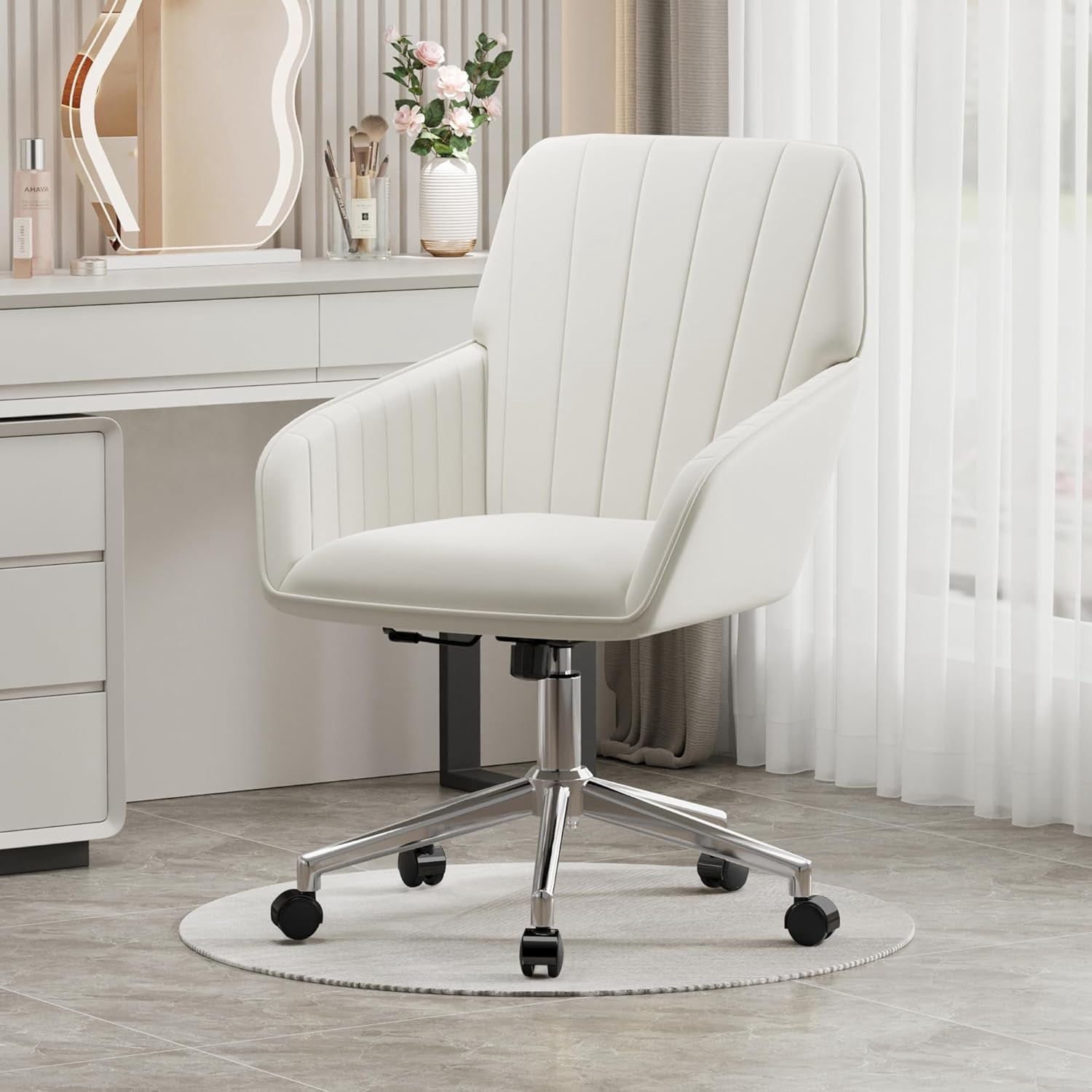 YWEN Velvet Office Desk Chair with Silver Base, with Wheels,Modern Height Adjustable 360 Degree Swivel Upholstered Vanity Chairs with Arms for Living Room Bedroom,Cream