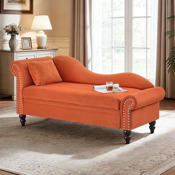 YWEN Velvet Upholstered Right Facing Chaise Lounge Chair, Chaise Lounge Storage W/Nailhead Trim, Wood Legs, Classic Recliner Lounger Accent Sofa for Living Room Bedroom