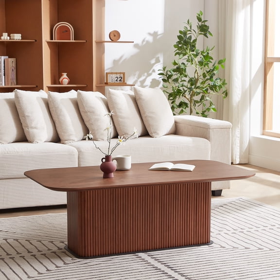 YWEN Walnut Coffee Table, Rectangular MDF Laminate Top with Distressed Wood Finish, Black Metal Legs, Modern Accent Table for Living Room, 51.18 x 27.56 x 17.72 Inchs