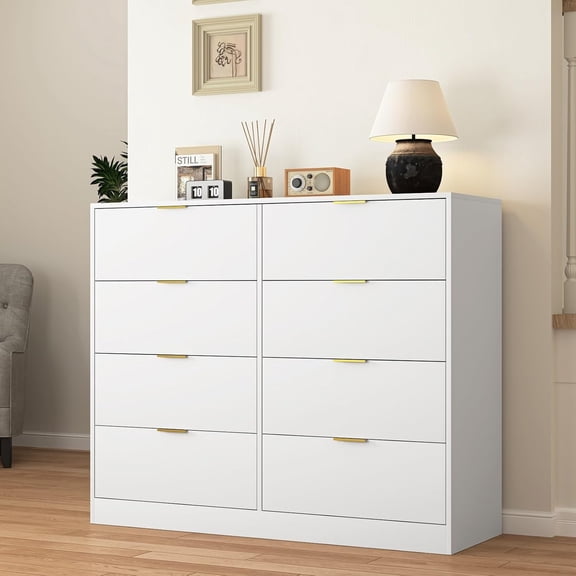 YWEN White 8 Drawer Dresser with Gold Handle for Bedroom,Modern Tall Deep Drawer Dresser, Chest of Drawer for Bedroom, Storage Organizer Furniture for Closet,Hallway