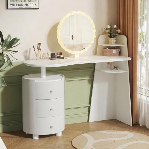 YWEN White Vanity Desk with Mirror and Lights, Adjustable Makeup Vanity with Drawers, Modern Makeup Table with Curved Desktop and Shelf, Small Vanity Table for Bedroom