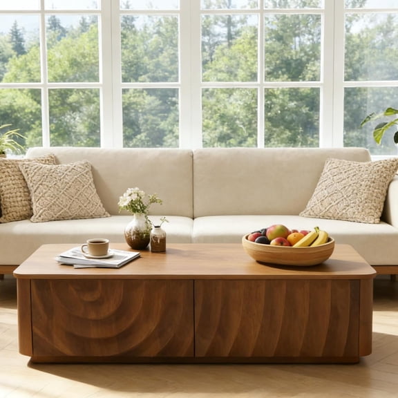 YWEN Wooden Coffee Table, 47.2" Rectangle Mid Century Modern Water Ripple Texture Center Table with 2 Drawers, Cocktail Tea Table with Safe Curved Corners for Living Room Home Office